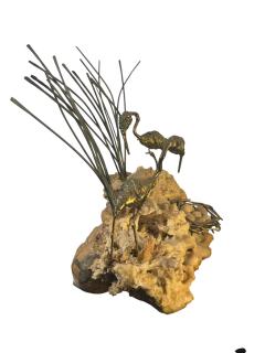 Curtis Jer MODERN BRASS FLAMINGOS WITH NEST ON BRUTALIST CORAL BASE SCULPTURE - 4649073