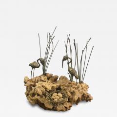 Curtis Jer MODERN BRASS FLAMINGOS WITH NEST ON BRUTALIST CORAL BASE SCULPTURE - 4689239