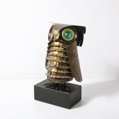 Curtis Jer Mid Century Antiqued Brass Glass Owl Sculpture signed Curtis Jere - 4142114
