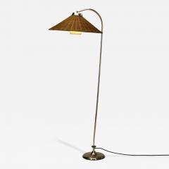 Curved Floor Lamp with Brass Stem and Rattan Shade Europe Mid 20th Century - 4762236