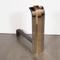 Custom Art Deco Style Skyscraper Andirons Displayed in Polished Brass and Nickel - 1579391