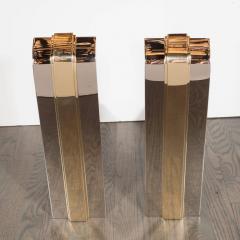 Custom Art Deco Style Skyscraper Andirons Displayed in Polished Brass and Nickel - 1579393