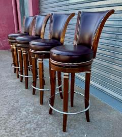 Custom Art Deco Style Swivel Bar Stools in Solid Wood and Hand Finished Leather - 4546933