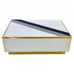 Custom Italian Art Design 2 Drawer Grey Blue Stripe White Glass Low Coffee Table - 4227854