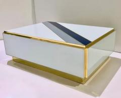 Custom Italian Art Design 2 Drawer Grey Blue Stripe White Glass Low Coffee Table - 4227857