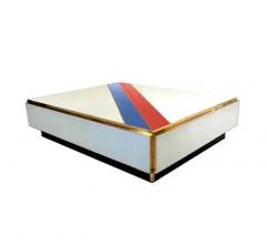 Custom Italian Art Design 2 Drawer Grey Blue Stripe White Glass Low Coffee Table - 4227858