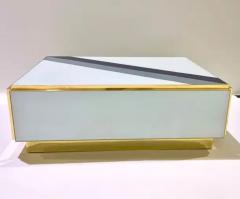 Custom Italian Art Design 2 Drawer Grey Blue Stripe White Glass Low Coffee Table - 4227861