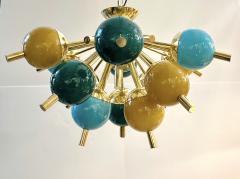 Custom Italian Green Turquoise Gold Murano Glass Brass Sputnik Globe Flushmount - 2847821