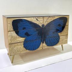 Custom Italian Printed Pop Art Black Blue Butterfly Lacquer Wood Chest Sideboard - 3832842