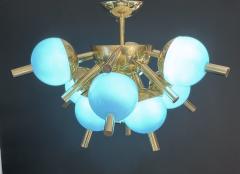 Custom Italian Turquoise Gold Murano Brass Sputnik Globe Flushmount Chandeliers - 3520966
