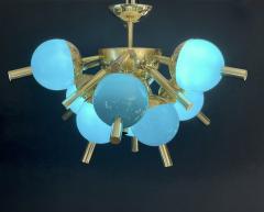 Custom Italian Turquoise Gold Murano Brass Sputnik Globe Flushmount Chandeliers - 3520979