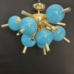 Custom Italian Turquoise Gold Murano Brass Sputnik Globe Flushmount Chandeliers - 3520982