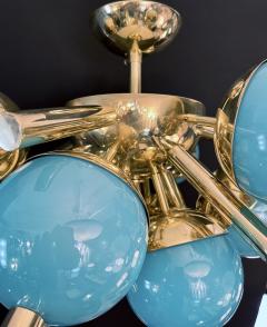 Custom Italian Turquoise Gold Murano Brass Sputnik Globe Flushmount Chandeliers - 3520984