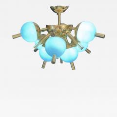 Custom Italian Turquoise Gold Murano Brass Sputnik Globe Flushmount Chandeliers - 3527371