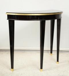 Custom Pair of Ebonized Demilune Consoles with Inlaid Brass Top - 1048966