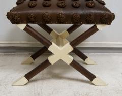 Custom Pair of Oak and Parchment X Frame Benches upholstered in Leather - 4093835