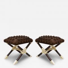 Custom Pair of Oak and Parchment X Frame Benches upholstered in Leather - 4097679