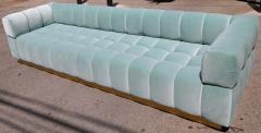 Custom Tufted Aqua Blue Velvet Sofa with Brass Base - 351413