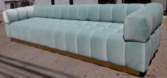 Custom Tufted Aqua Blue Velvet Sofa with Brass Base - 351415