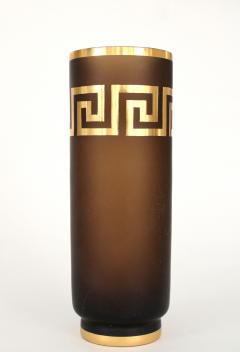 Czech Amber Glass Vase Gold Luster Greek Key Motif Decoration - 1343251