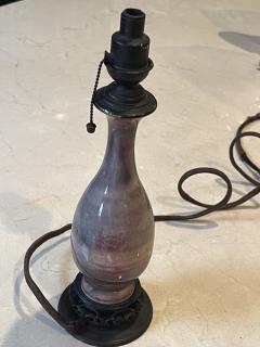 DIMUNITIVE ASIAN POTTERY LAMP WITH WOOD AND BRONZE BASE - 3362614