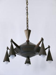 Dagobert Peche Exceptional Five Flamed Art Deco Cubist Brass Chandelier or Pendant Lamp 1920s - 4014949