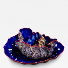 Dale Chihuly Spectrum Blue Pheasant Macchia Set with Rubine Lip Wraps 2002 - 4345208