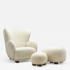 Danish Armchair and Ottomans with Stained Beech Bun Feet Denmark 1940s - 2296443