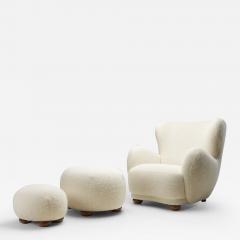 Danish Cabinetmaker Armchair with Ottomans Upholstered in Wool Denmark ca 1950s - 2858920