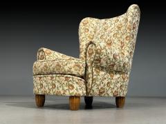 Danish Cabinetmaker Large Wingback Chair Floral Fabric Wood Denmark 1950s - 4636266
