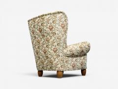 Danish Cabinetmaker Large Wingback Chair Floral Fabric Wood Denmark 1950s - 4636273