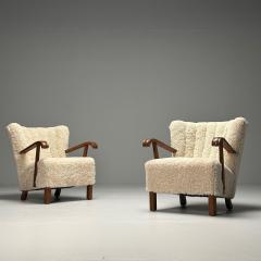 Danish Cabinetmaker Mid Century Modern Lounge Chairs Shearling Beech 1940s - 3827710