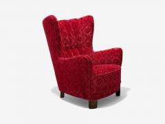 Danish Cabinetmaker Red Damask Wood Lounge Chair Denmark 1950s - 4362460