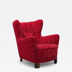 Danish Cabinetmaker Red Damask Wood Lounge Chair Denmark 1950s - 4362765