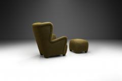 Danish Lounge Chair and Footstool in Moss Green Upholstery Denmark ca 1940s - 3961128