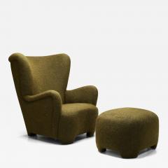 Danish Lounge Chair and Footstool in Moss Green Upholstery Denmark ca 1940s - 3973278