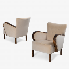 Danish Mid Century Wood Velvet Arm Chairs Pair - 2637382