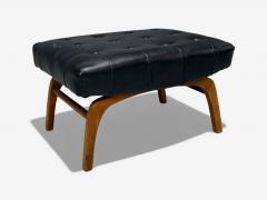 Danish Modern Black Leatherette Stained Wood Footstool Denmark 1950s - 4428599