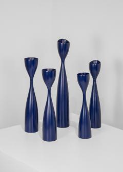 Danish Modern Blue Wooden Candlestick Holders - 3892626