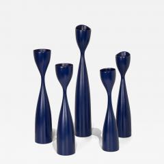 Danish Modern Blue Wooden Candlestick Holders - 3893366