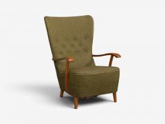 Danish Modern Highback Lounge Chair Elm Wool Denmark 1950s - 4751575