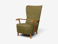 Danish Modern Highback Lounge Chair Elm Wool Denmark 1950s - 4751576