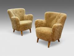 Danish Modern Honey Sheepskin Beech Organic Lounge Chairs Denmark 1940s - 4146952