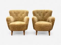 Danish Modern Honey Sheepskin Beech Organic Lounge Chairs Denmark 1940s - 4146953