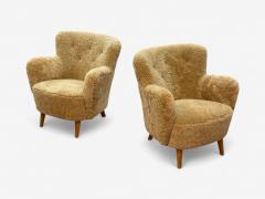 Danish Modern Honey Sheepskin Beech Organic Lounge Chairs Denmark 1940s - 4146954