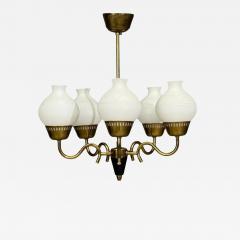 Danish Modern Pendant Light Brass Etched Glass Denmark 1950s - 4767517