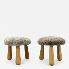 Danish Modern Style Gray Sheepskin Maple Shearling Footstools 21st c  - 4426587