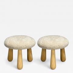 Danish Modern Style Sheepskin Stools Beige Shearling Maple USA 21st c  - 4413721