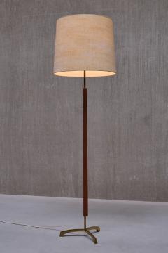 Danish Modern Three Legged Floor Lamp in Brass Teak and Textured Shade 1950s - 3634439