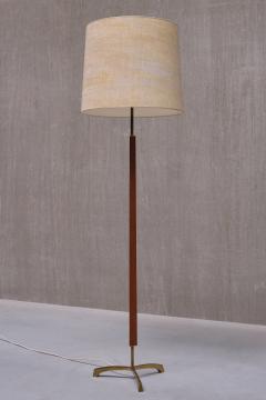 Danish Modern Three Legged Floor Lamp in Brass Teak and Textured Shade 1950s - 3634441